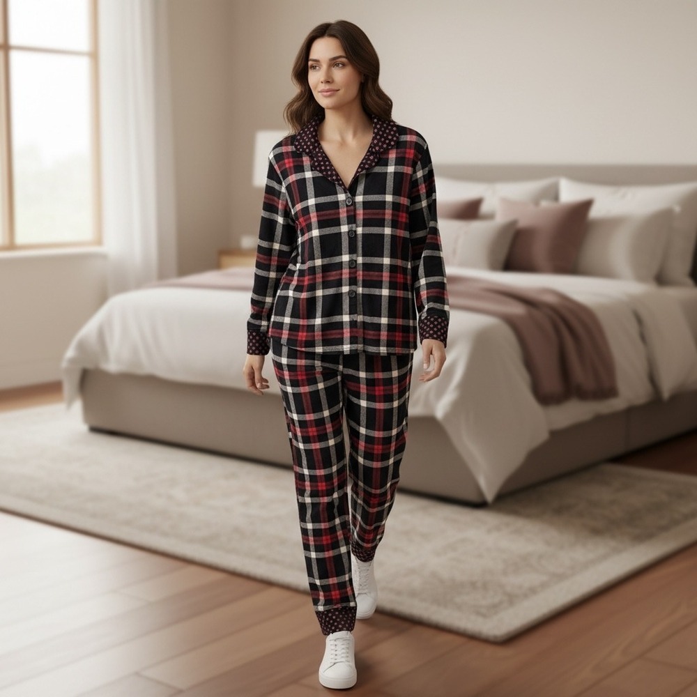Vera Bradley Womens Medium Plaid‎ Pajama Set Black Red White Button Front PJs